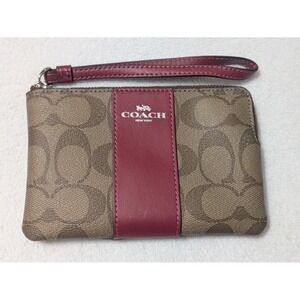 COACH Corner Zip Wristlet Khaki Coated Canvas w/Cherry Leather Vertical Stripe